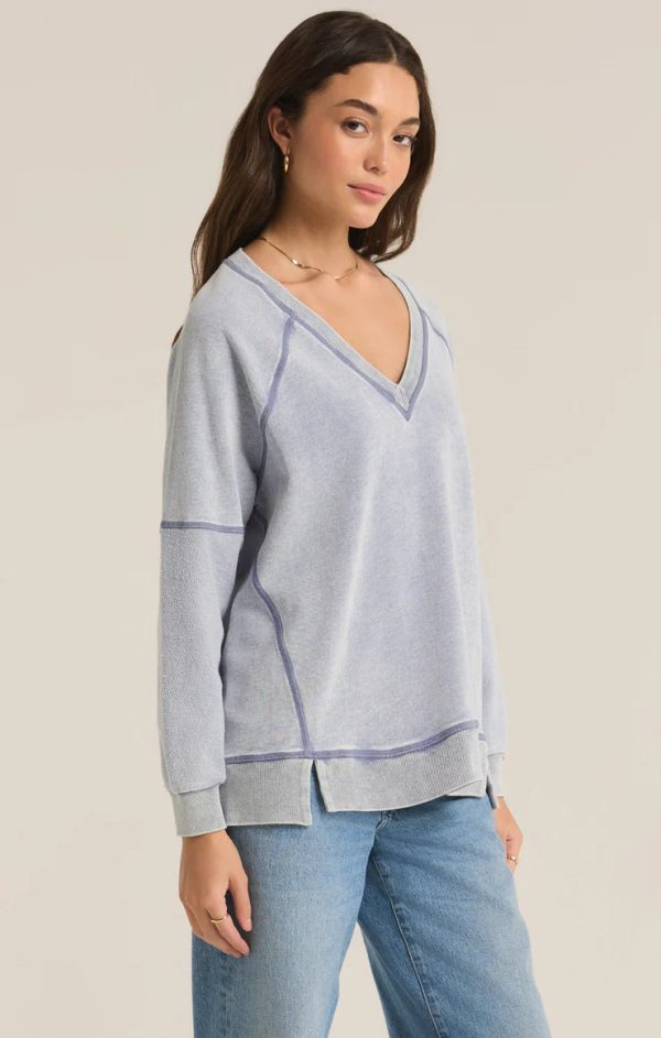 Z SUPPLY Easy V-Neck Knit Denim Sweatshirt on Sale