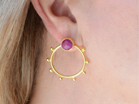 Gold Ruby Sphere Earrings on Sale