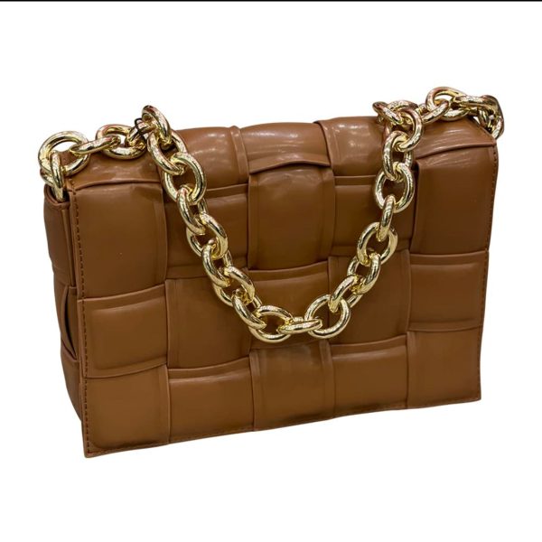 PBGJ31A-09 Caramel Leather Cross Woven Clutch Bag with Gold Chain For Sale