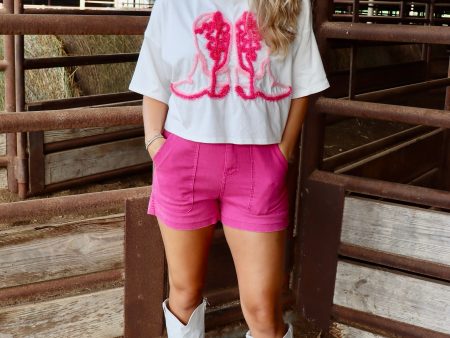 White & Pink Boot Crop Tee Sale