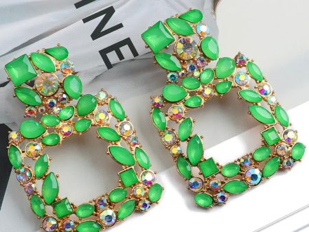 Green Jeweled Square Hoop Earrings Online Hot Sale