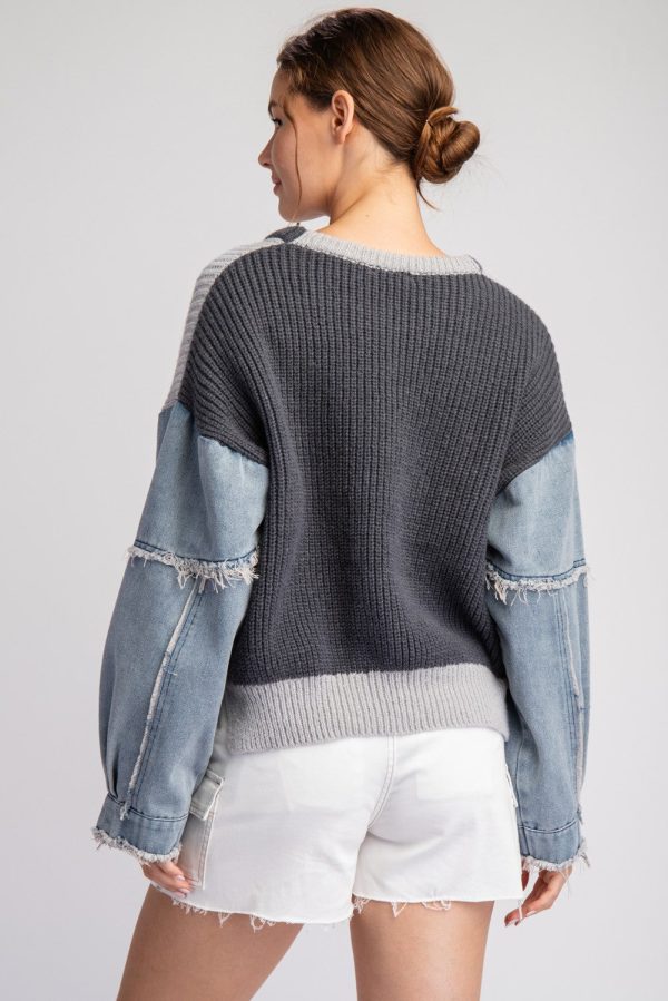 Mineral Wash Denim Sleeve Top For Cheap