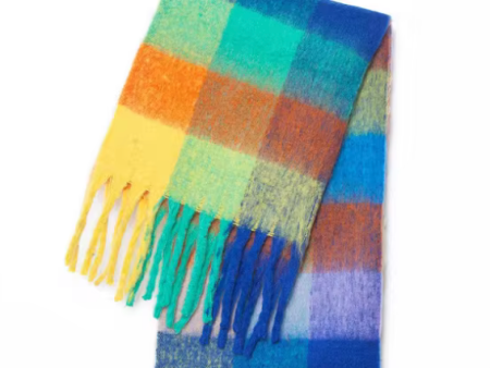 Yellow and Aqua Tartan Wool Blend Scarf Hot on Sale