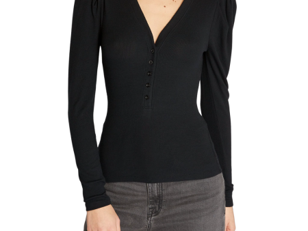 Ribbed Ruched Sleeve Henley - Black Supply