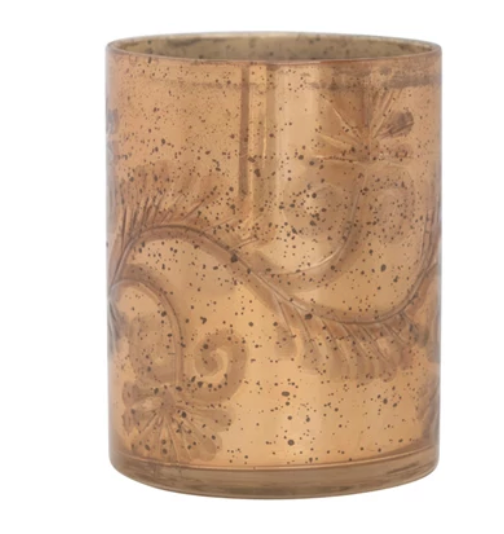 Etched Mercury Glass Votive Holder w  Pattern, Oxidized Antique Copper Finish For Discount