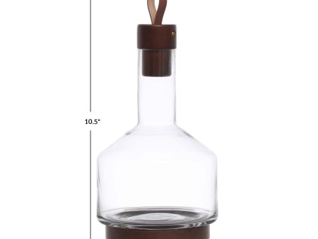 Glass Carafe w  Acacia Wood Base, Stopper, and Leather Pull For Discount